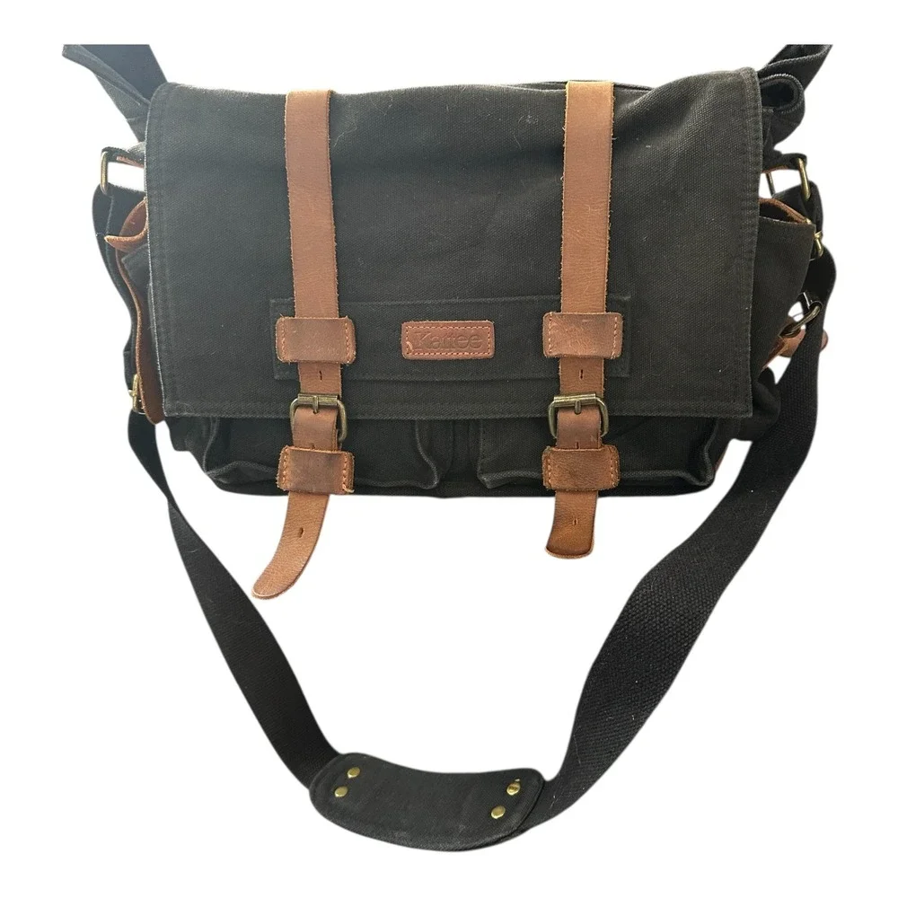Kattee Black Canvas Leather Messenger Bag Crossbody Satchel Laptop Shoulder Bag